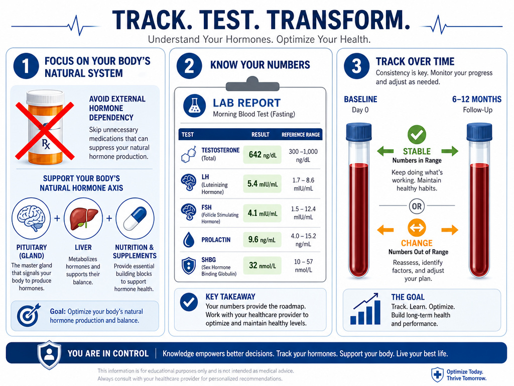 Infographic on steps after a compensated hypogonadism diagnosis: investigate, test, monitor.
