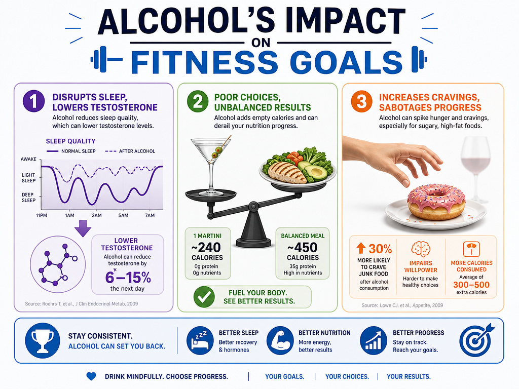 Infographic on how alcohol disrupts sleep, adds calories, and leads to poor food choices.