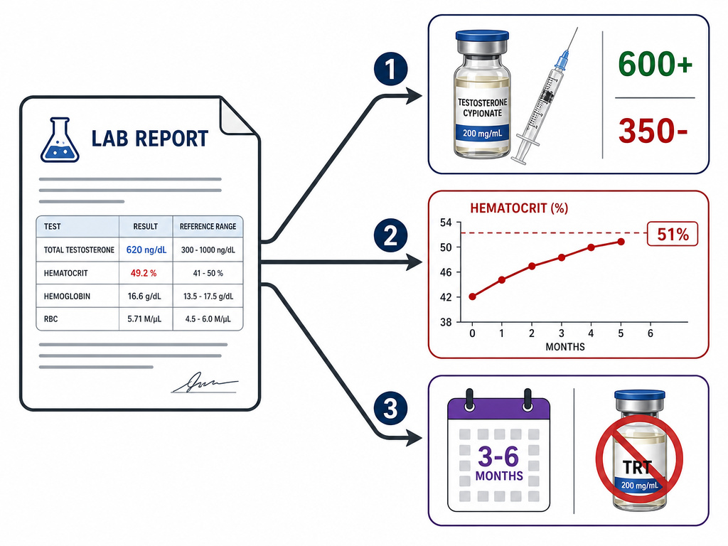 Interpreting TRT blood work results for dose, hematocrit, and symptom review