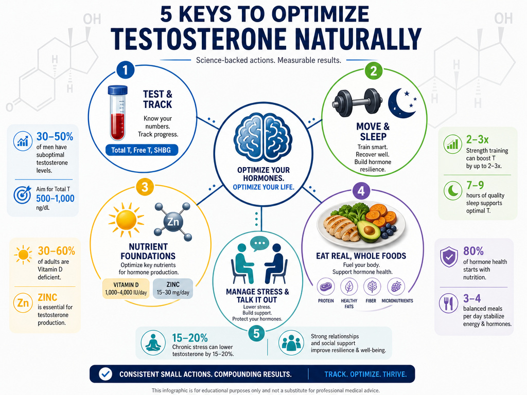 Infographic of evidence-based steps to support testosterone and brain health.