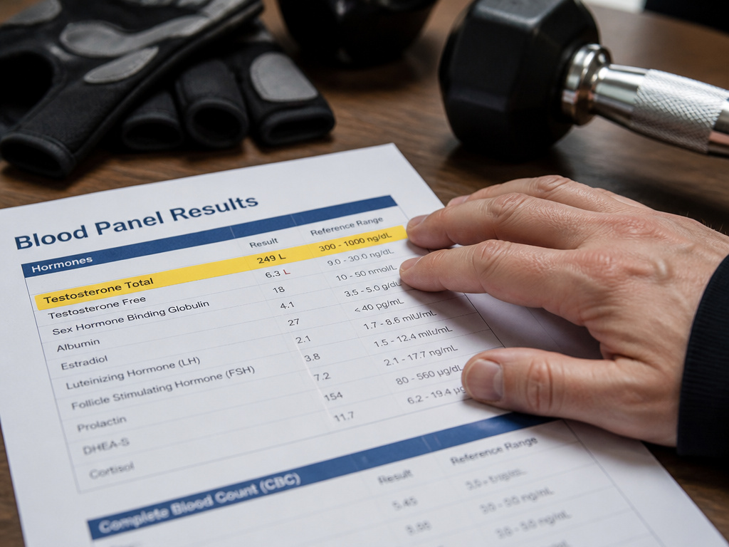 Doctor reviewing testosterone blood test results next to weightlifting gear