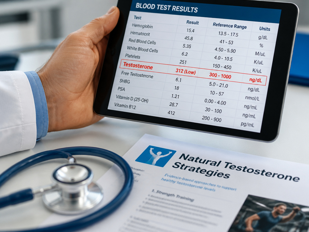 Doctor reviewing testosterone blood test results with natural health article nearby