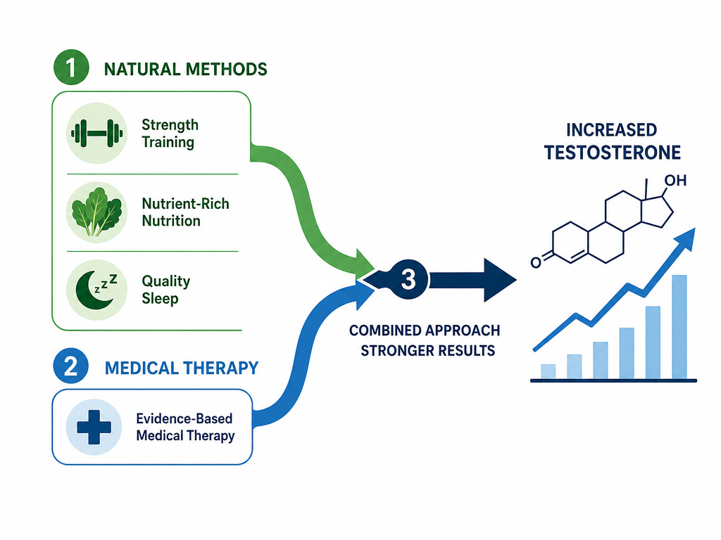 Diagram showing natural lifestyle and medical therapy converging to boost testosterone