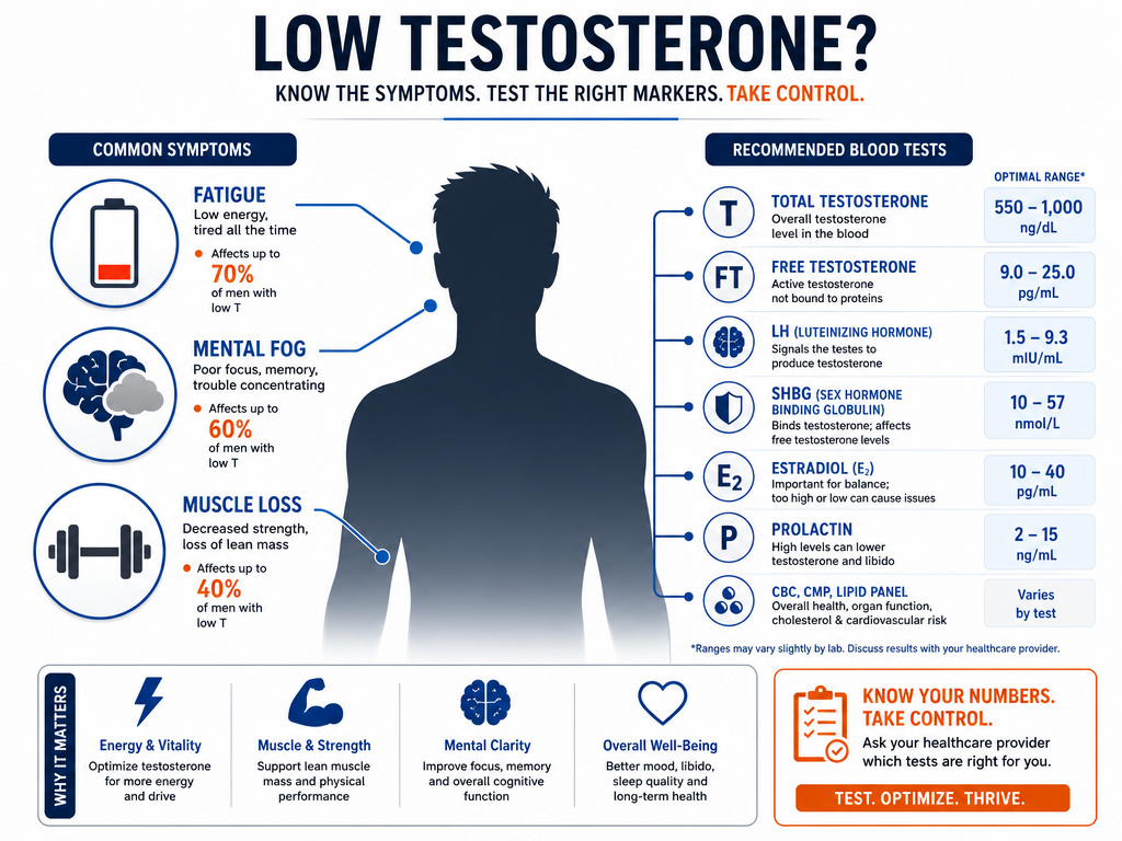 Infographic showing low testosterone symptoms and required blood tests for men in their 20s.