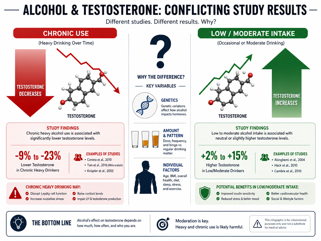 Conflicting research data on alcohol's effect on testosterone levels in men.
