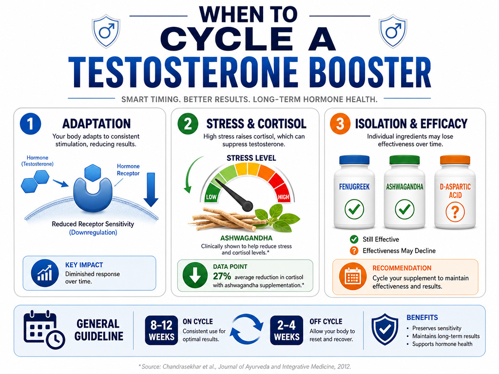 Infographic showing three valid reasons to cycle testosterone booster supplements.