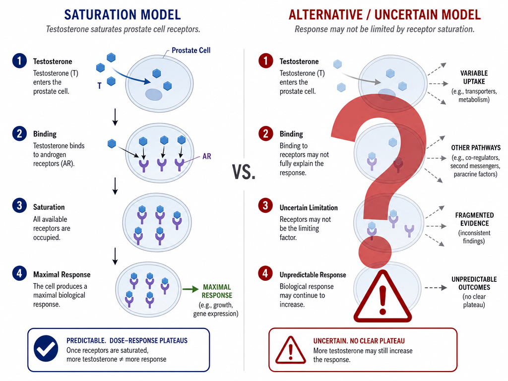 Scientific debate diagram comparing testosterone saturation model to critical review
