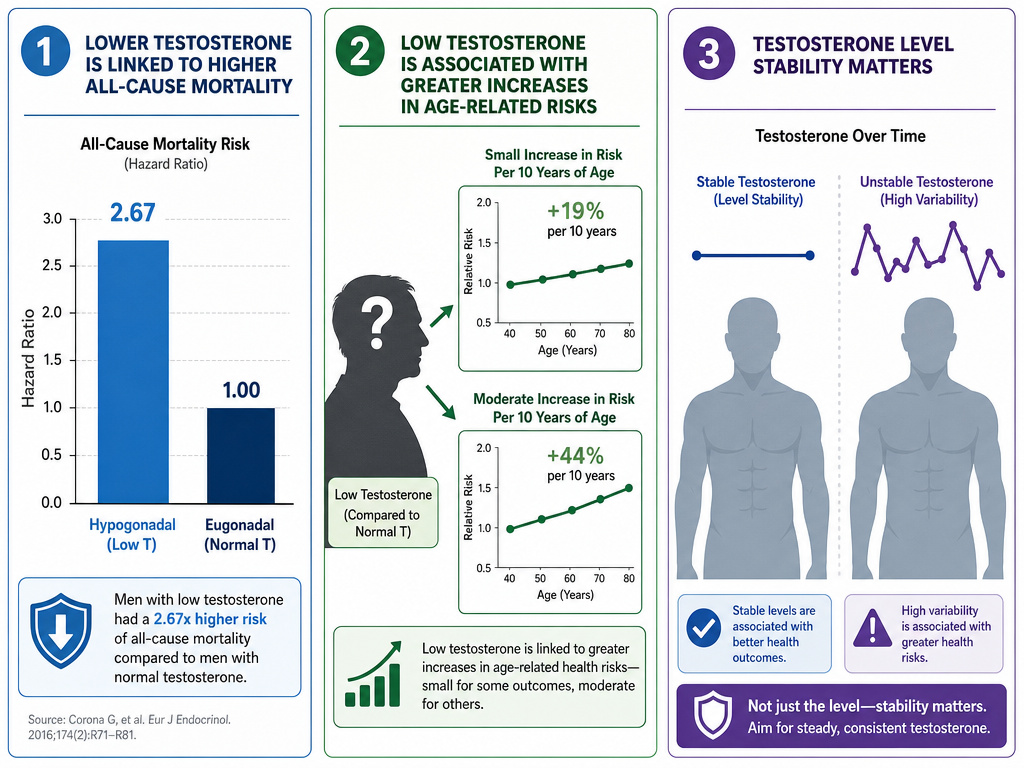 Infographic on testosterone mood benefits based on age, baseline levels, and individual response.