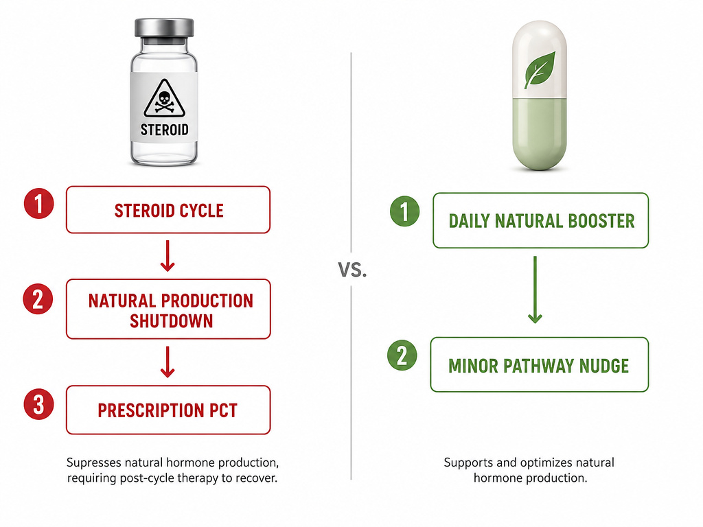 Diagram comparing steroid cycling versus natural testosterone booster use