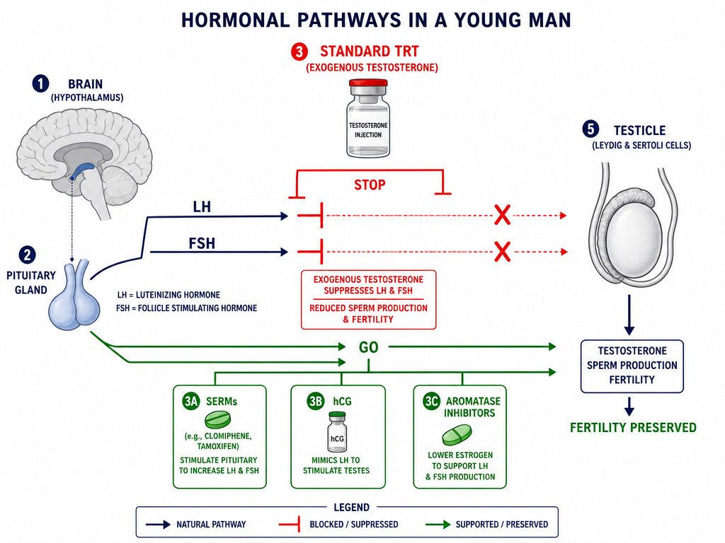 Diagram comparing standard TRT to fertility-preserving hormone treatments for young men.